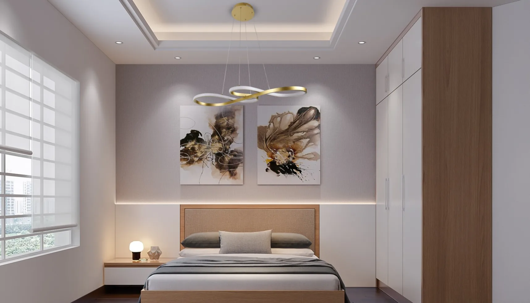 Dormitório moderno com pendente Zion dourado instalado sobre a cama