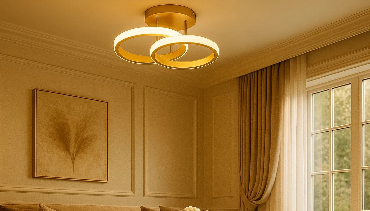 Lustre Estrasburgo dourado instalado em teto de sala refinada