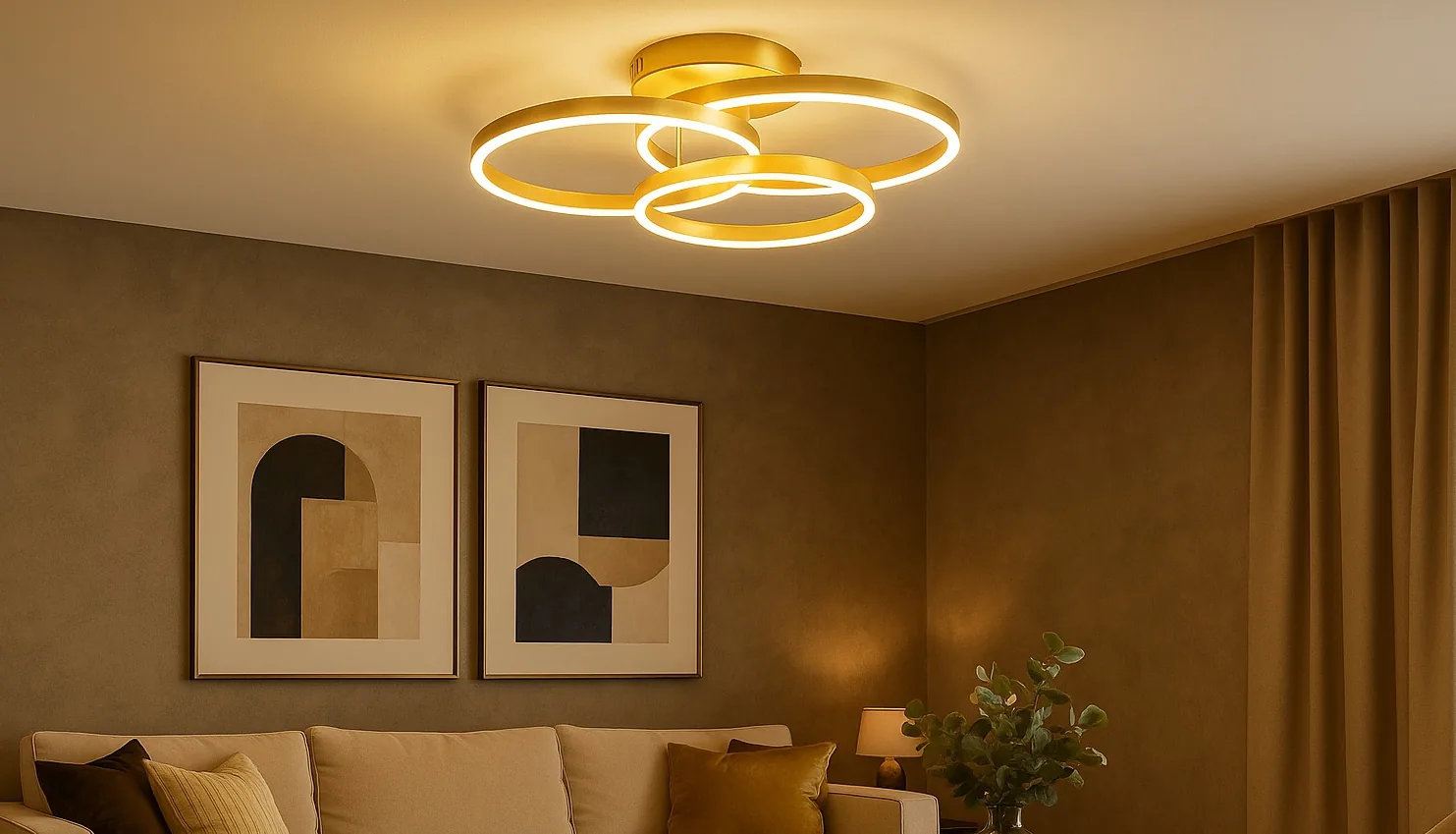 Lustre Kaunas em dourado escovado aceso no teto de sala com sofá claro