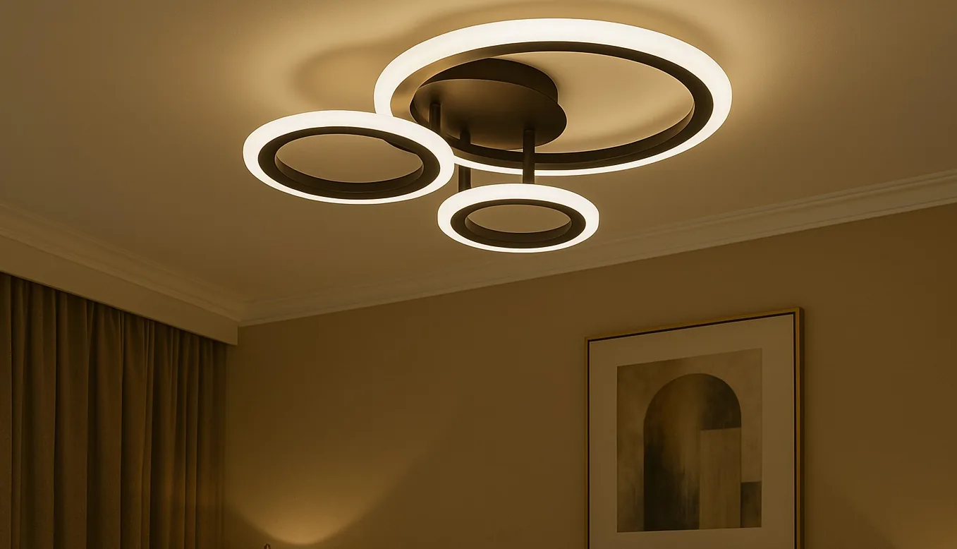 Lustre Dresden instalado no teto em ambiente decorado com iluminação acesa