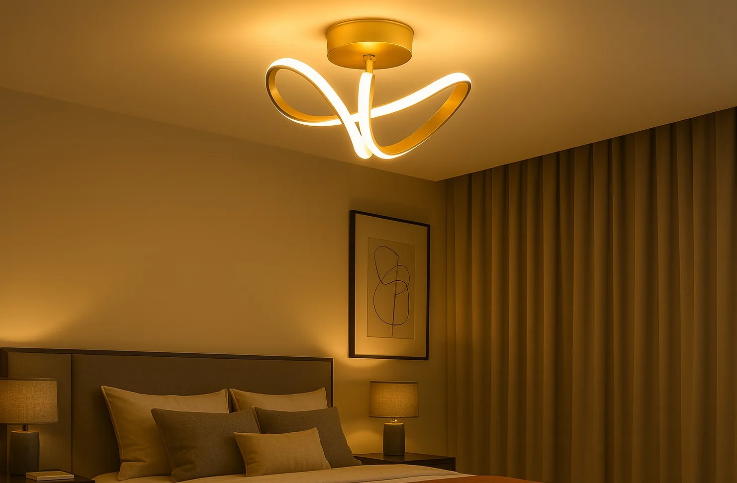 Lustre Saragoça aceso em teto de quarto com iluminação aconchegante