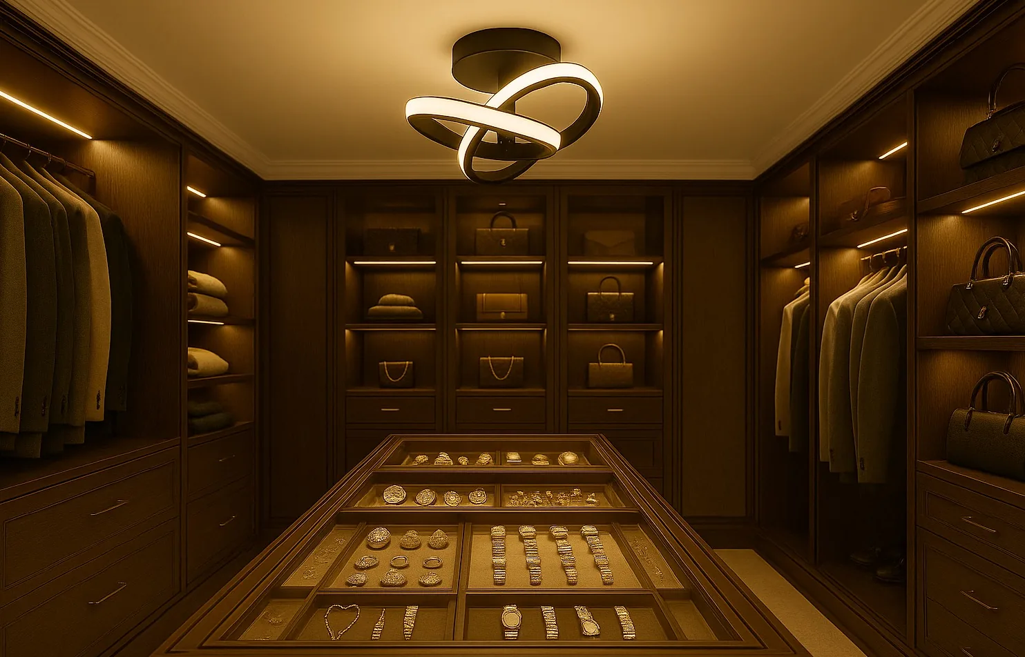 Lustre Porto instalado no teto de um closet elegante com iluminação acesa