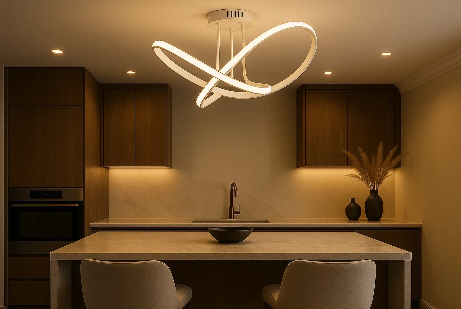 Cozinha com ilha decorada com o plafon Annecy aceso no teto