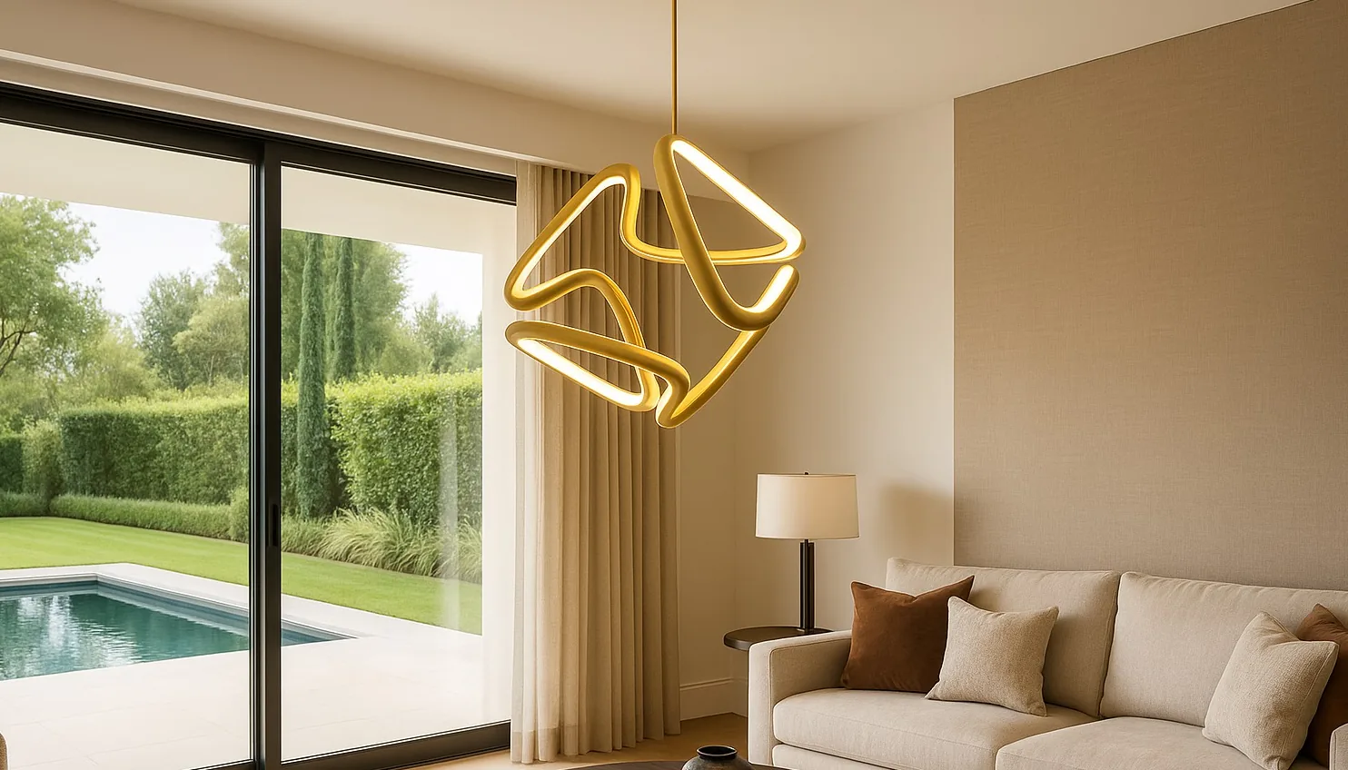 Sala de estar decorada com o pendente Bilbao dourado aceso