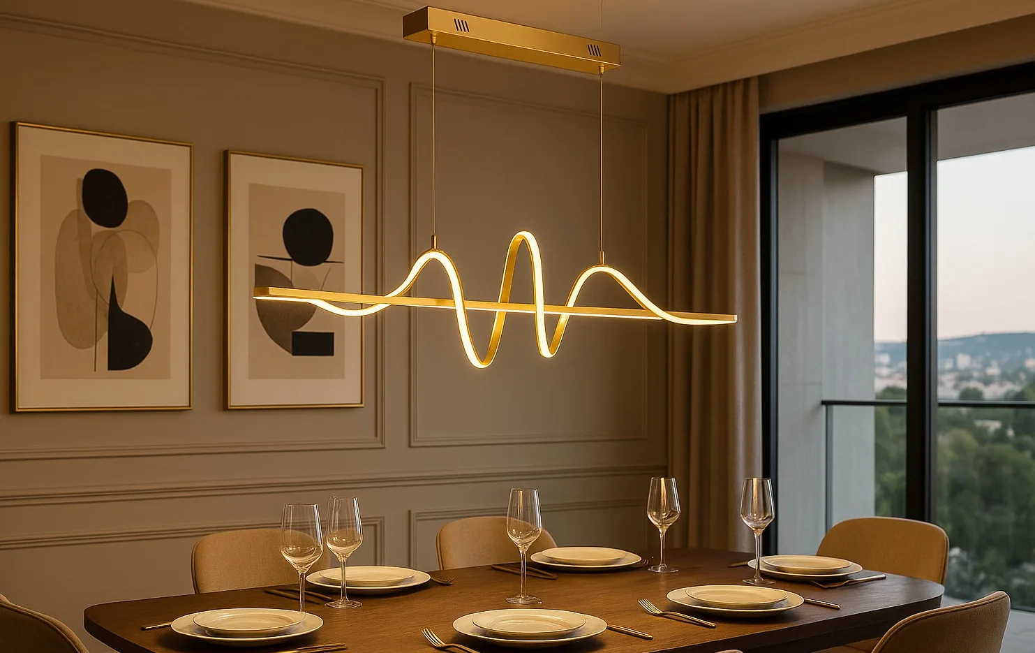 Lustre pendente Xangai dourado instalado sobre mesa de jantar em ambiente decorado
