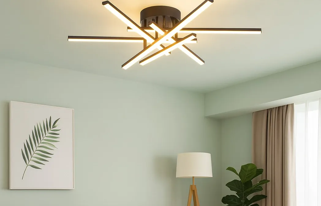 Lustre Viana instalado e aceso no teto em sala contemporânea