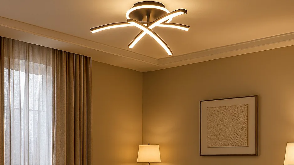 Lustre Manila aceso no teto de uma sala decorada