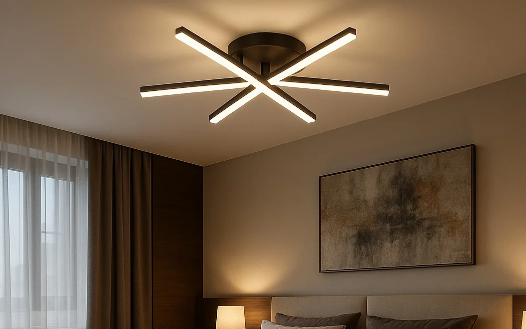 Lustre Maribor aceso instalado no teto de um dormitório