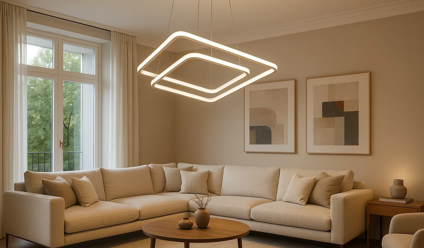 Lustre Cádis aceso pendurado em uma sala de estar moderna com sofá de canto