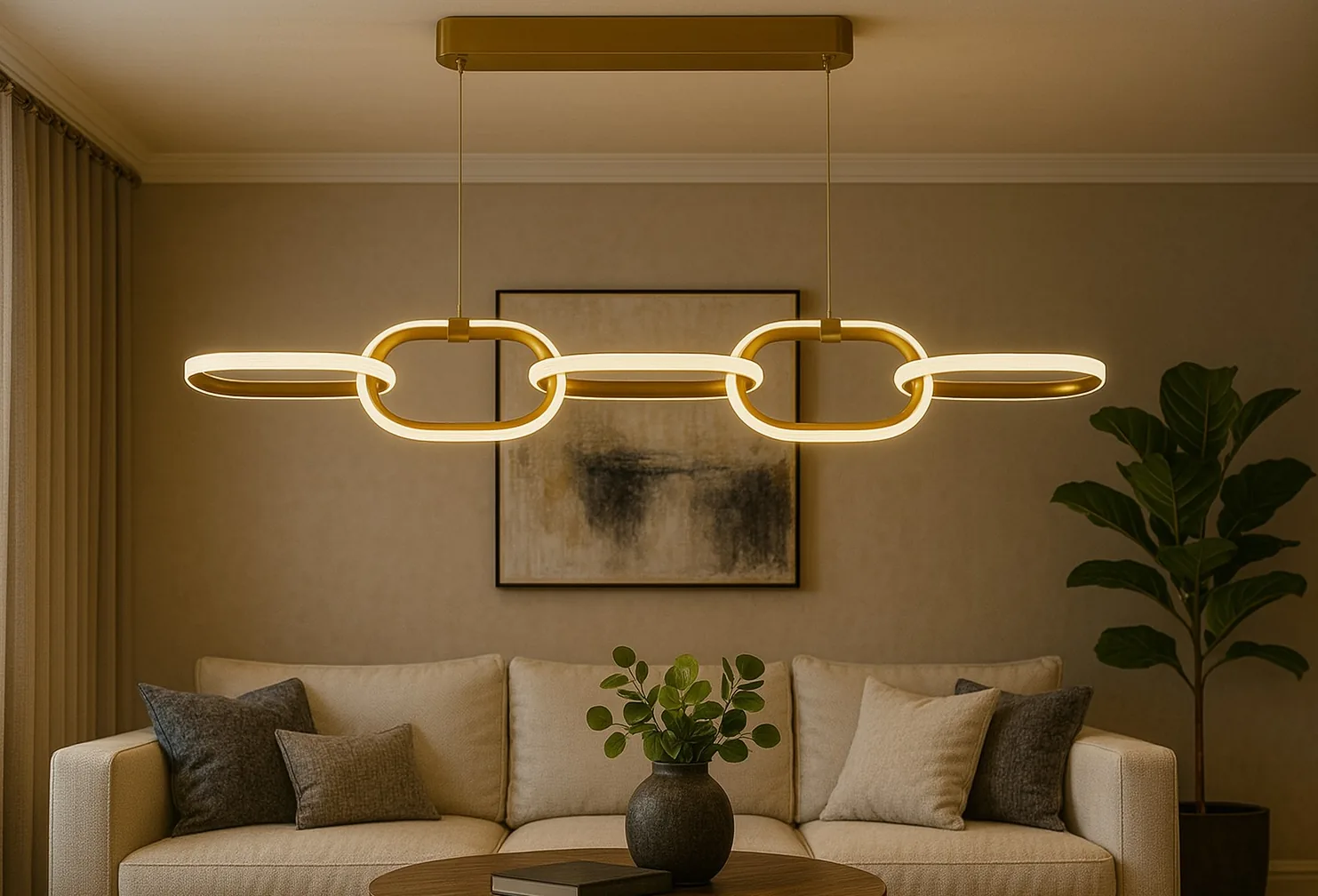 Lustre Milão em acabamento Gold aceso sobre mesa de centro em sala elegante