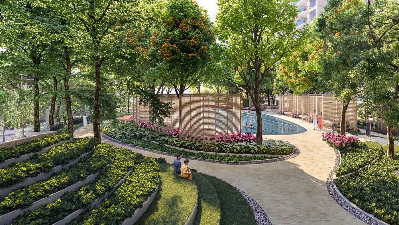 DLF The Westpark — landscaped garden terraces beside the pool