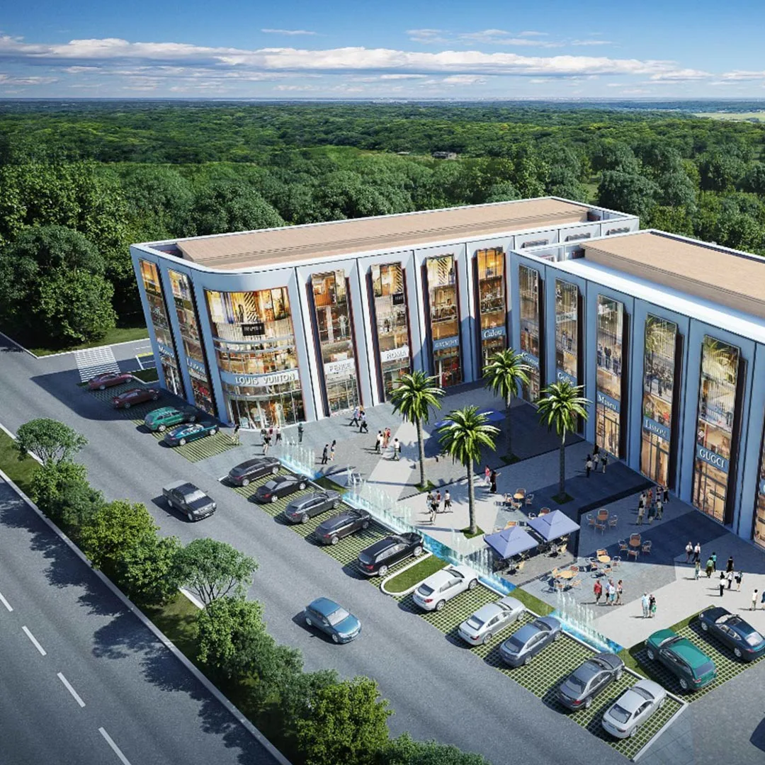 DLF Garden City Central — aerial view of a shop-cum-office block and parking