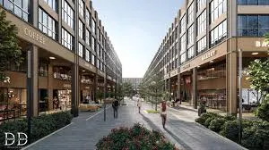 DLF Garden City Central — pedestrian shopping street between SCO buildings