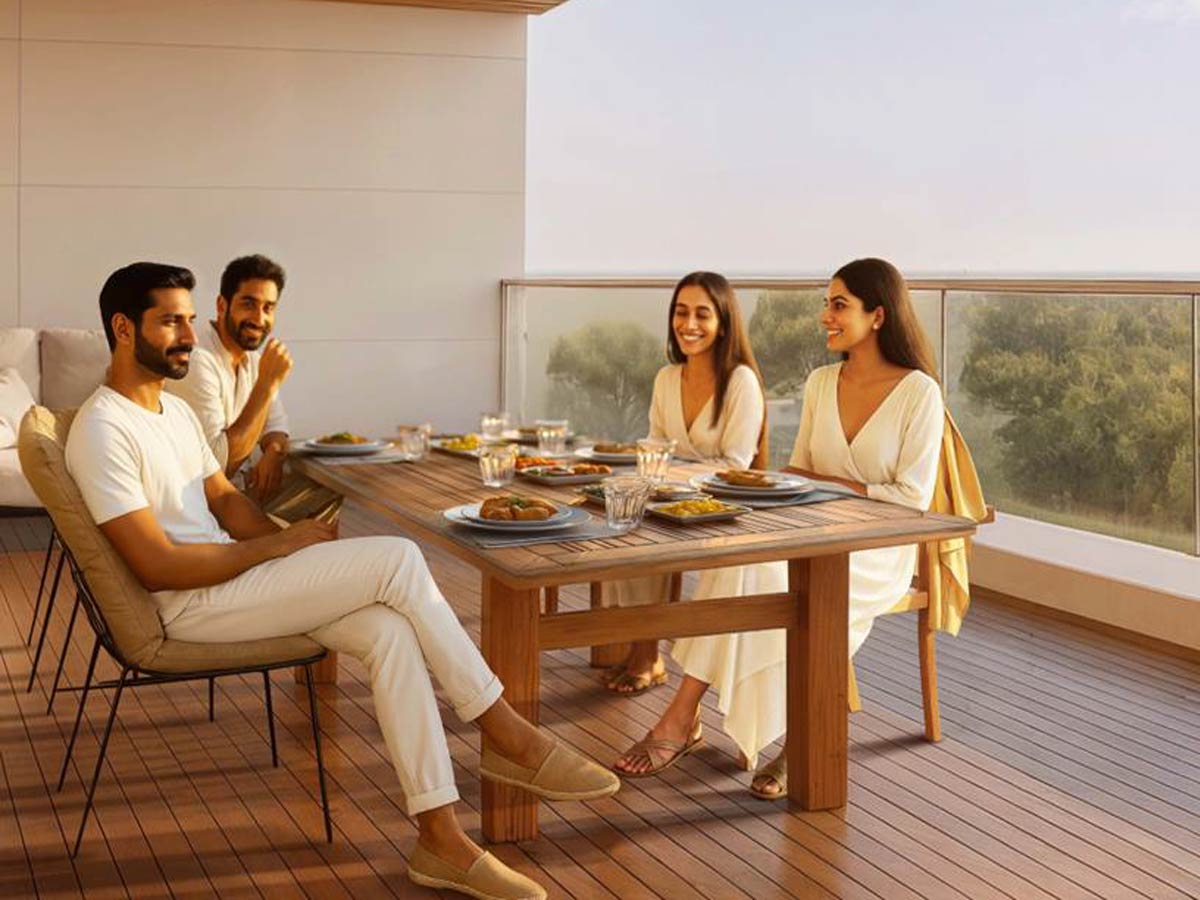 DLF Privana North — family dining on a private deck