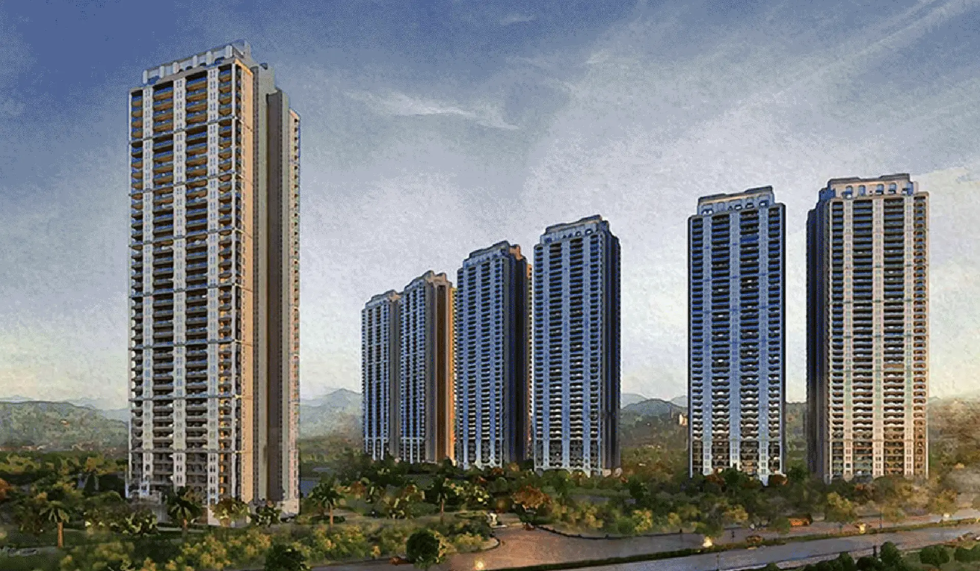 DLF Privana South — towers rising above wooded hills