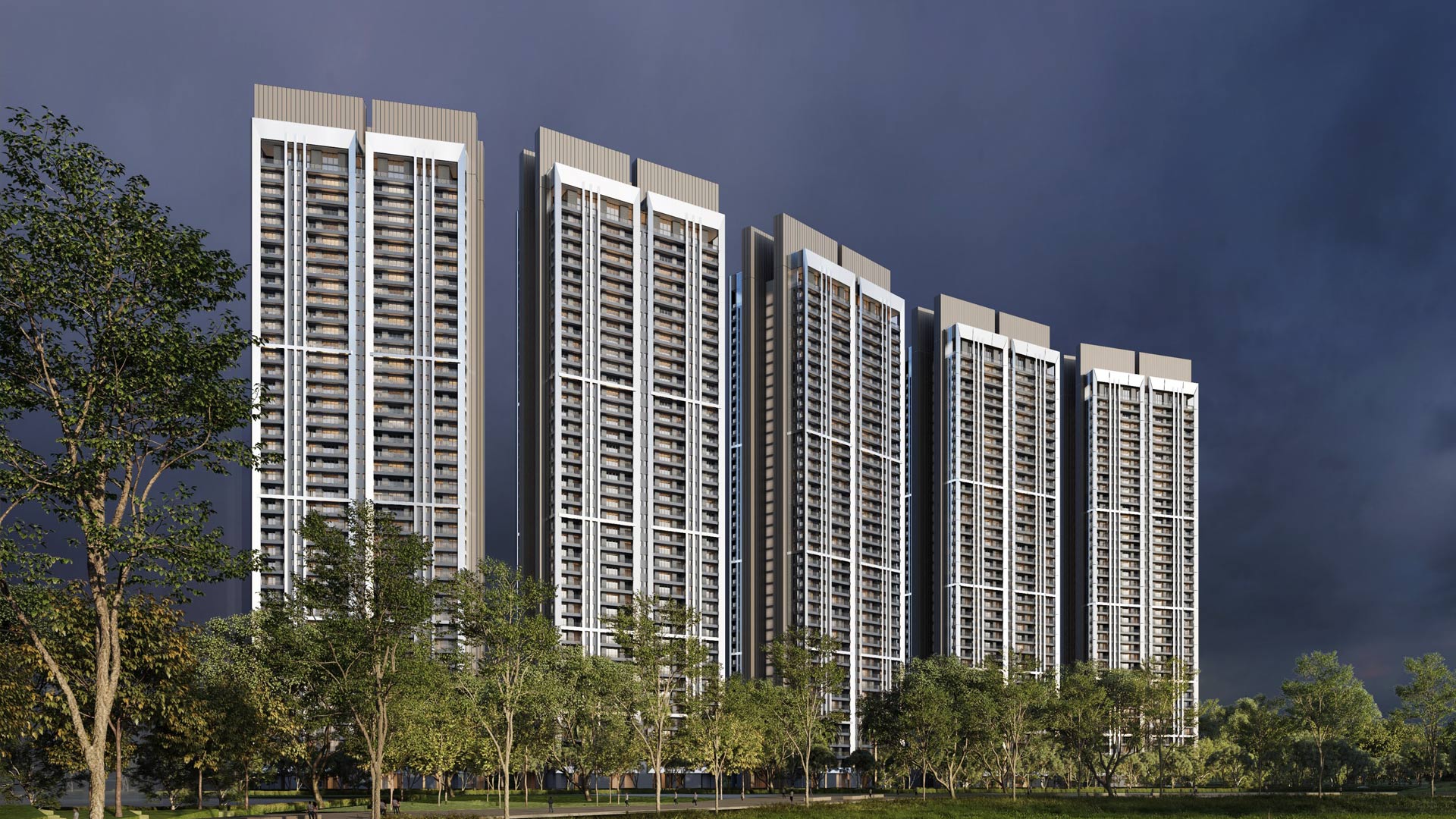 DLF Privana West — five towers against a stormy sky
