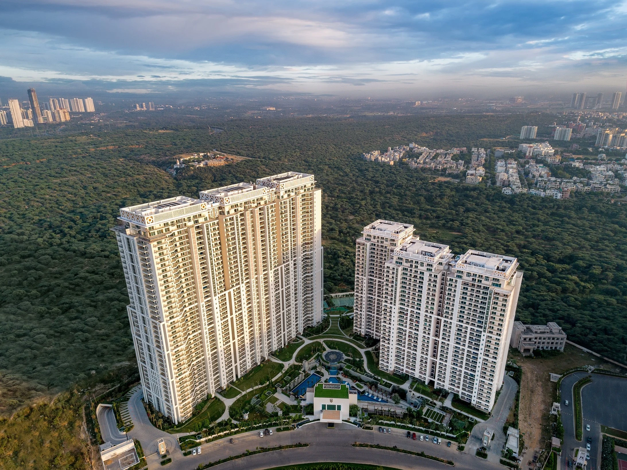 DLF The Crest — aerial view of the towers amid greenery