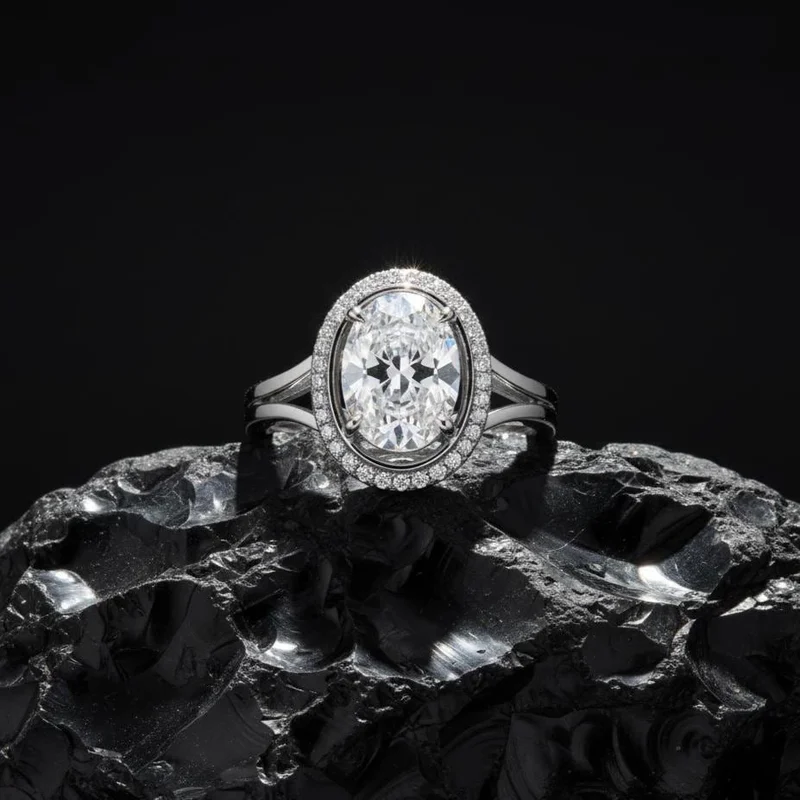 Oval Moissanite Wave Halo Ring