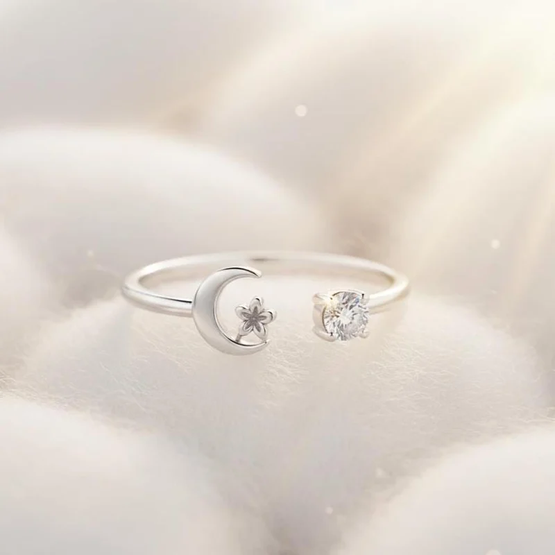 Adjustable Silver Moon & Star Ring