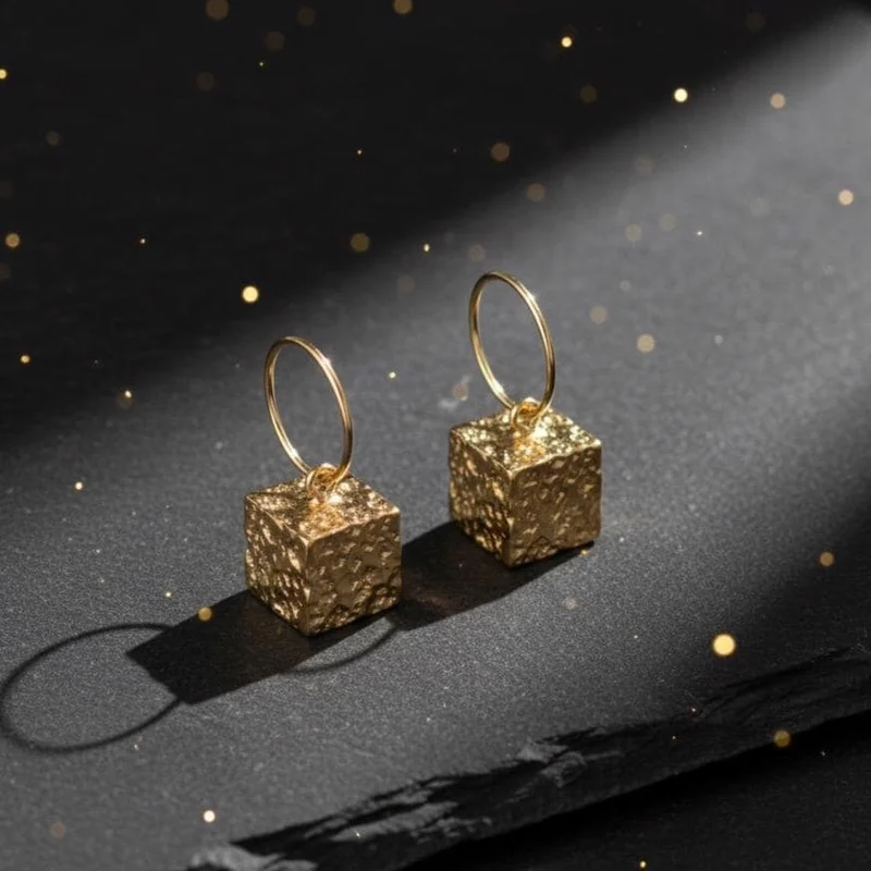 Hammered Gold Cube Earrings
