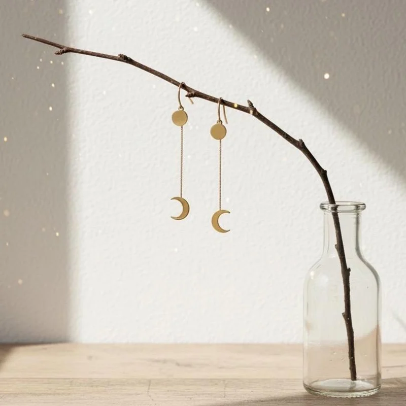 Gold Plated Sterling Silver Crescent Moon Dangle Earrings