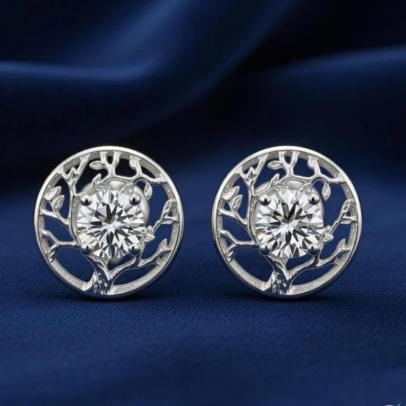 Sterling Silver Tree of Life Moissanite Stud Earrings