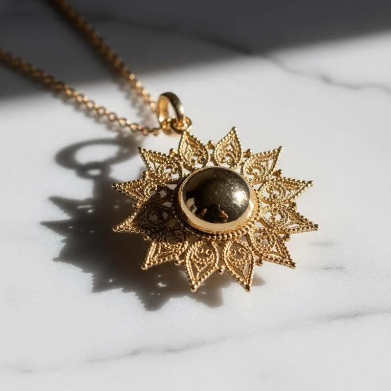 Solid Gold Filigree Sun Pendant Necklace