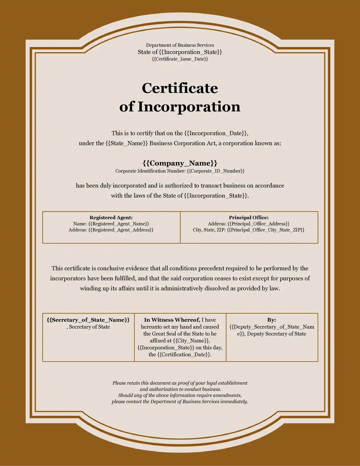 Certificate of Incorporation - Placeholders