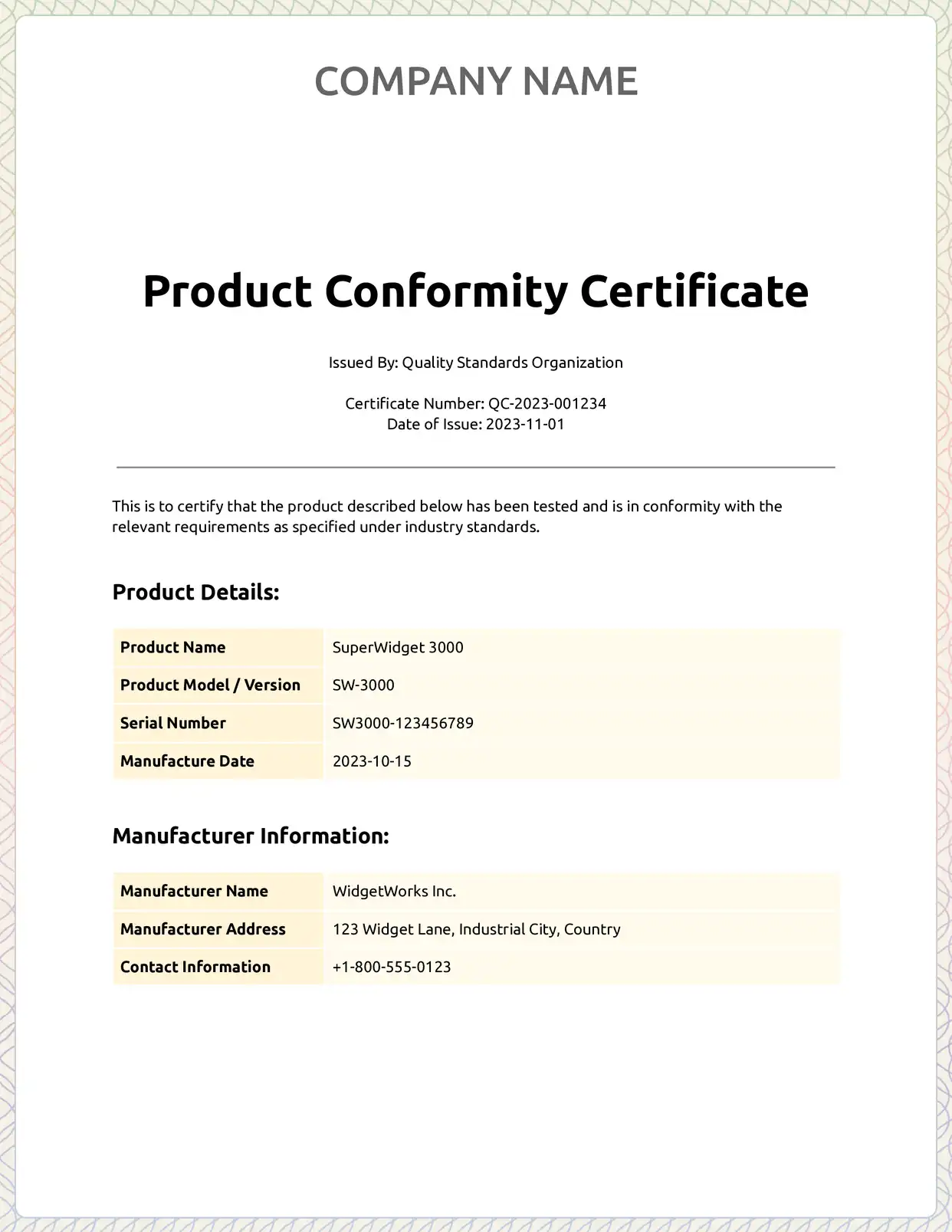 Product Conformity Certificate
