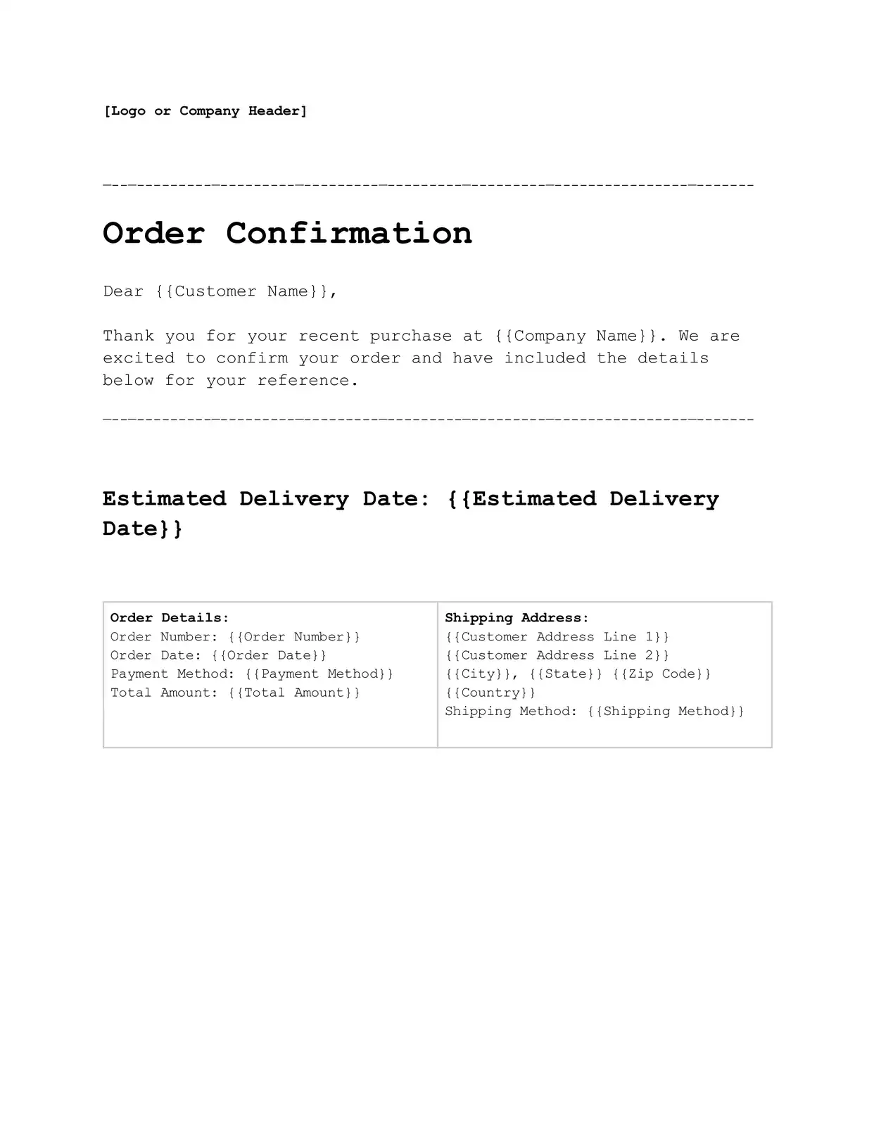 Order Confirmation - Placeholders