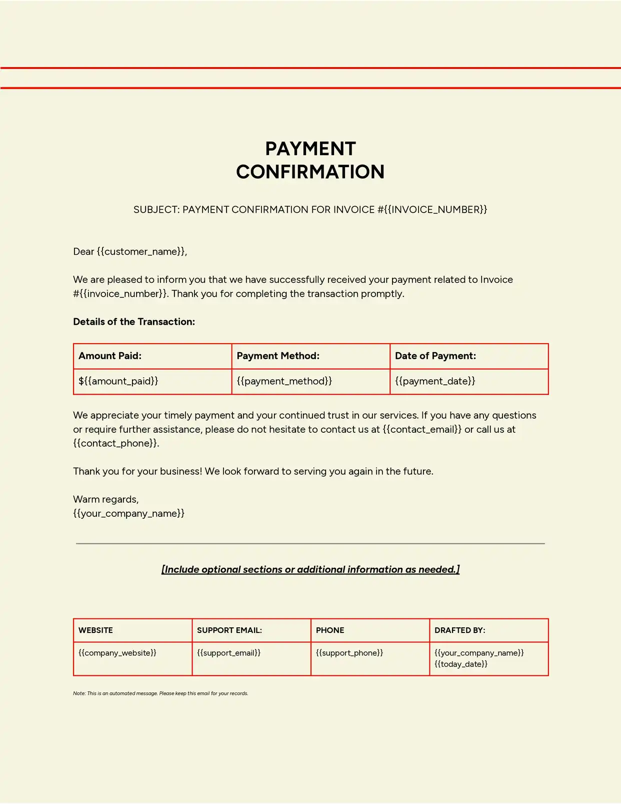 Payment Confirmation - Placeholders