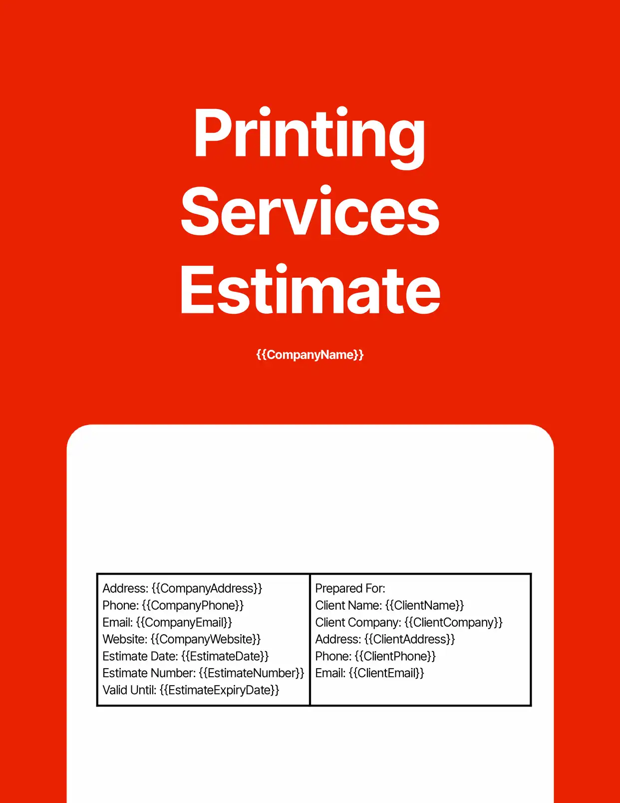 Printing Services Estimate - Placeholders