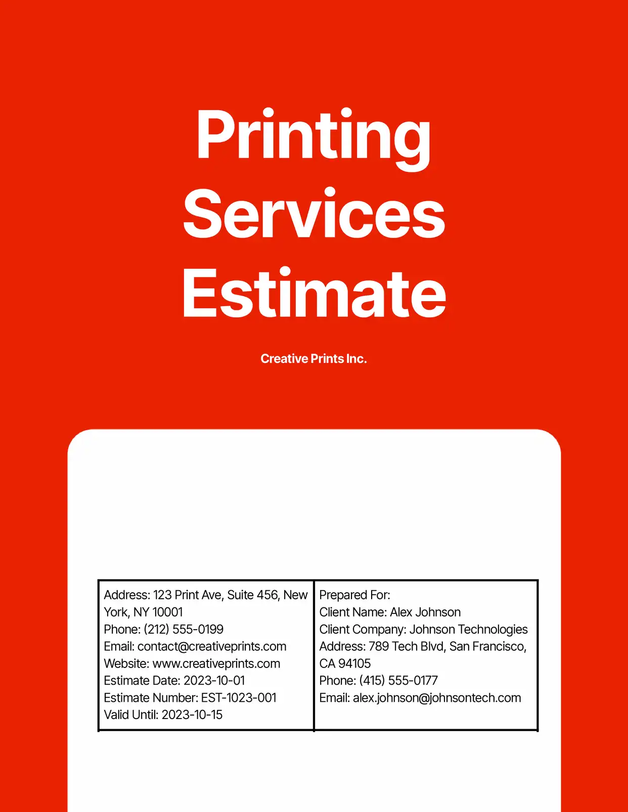 Printing Services Estimate