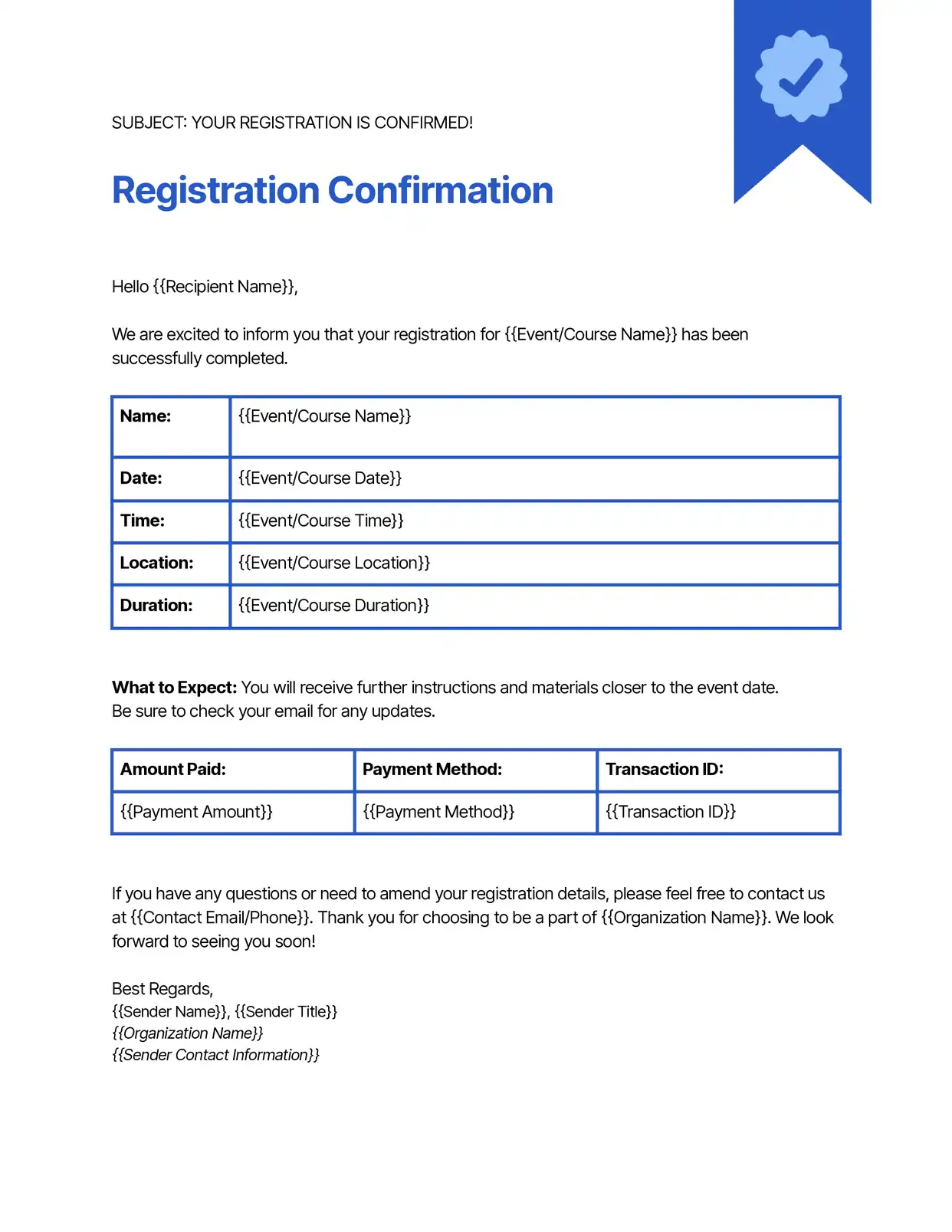 Registration Confirmation - Placeholders