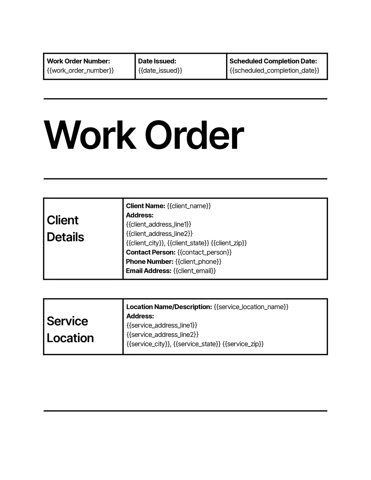 Work Order - Placeholders