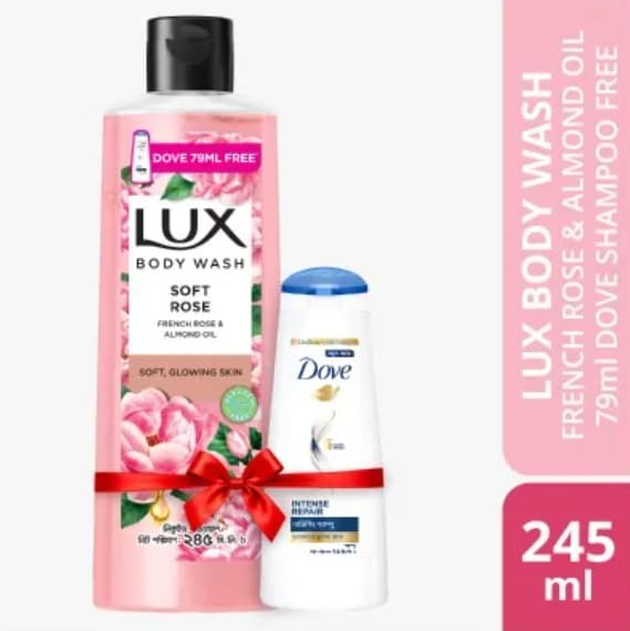 Lux Body Wash French Rose & Almond 245ml (Dove shampoo 79 ml Free)