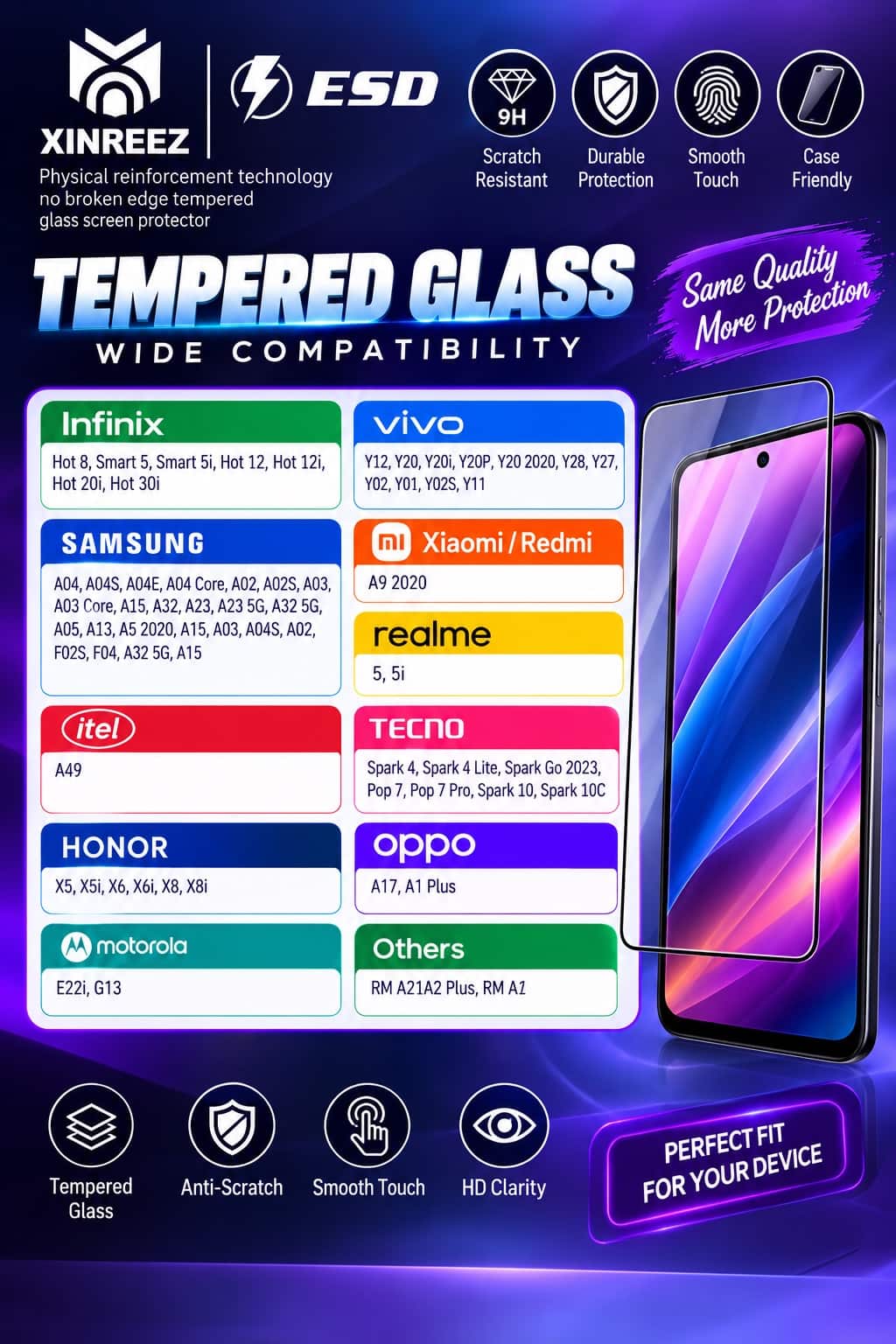 Screen Protector For Infinix Hot 8, Smart 5, Smart 5i, Samsung A12, Vivo Y20, Y20i, Y20P, OPPO A9 2020, Realme 5, Realme 5i, Samsung A04, A20S, Tecno Pop 7, OPPO A5 2020, Tecno Spark 4, Samsung A02, A02S, A03, OPPO A15, Samsung A03 Core, A04E, A04S, Tecno KC8, Samsung A03S, Infinix Smart 7, Motorola G13, Samsung A32 5G, Infinix Hot 30i, Honor X5, Tecno Spark 10C, Motorola E22i, Infinix Smart 6, Tecno Spark Go 2023, OPPO A38, Tecno Spark 10, OPPO A17, Realme 9A, Realme C3, Realme C30, C31, Samsung A13 4G/5G, Samsung A23 4G/5G, Samsung M13, Samsung M33 5G, Smart 6 HD, itel A50, itel A90