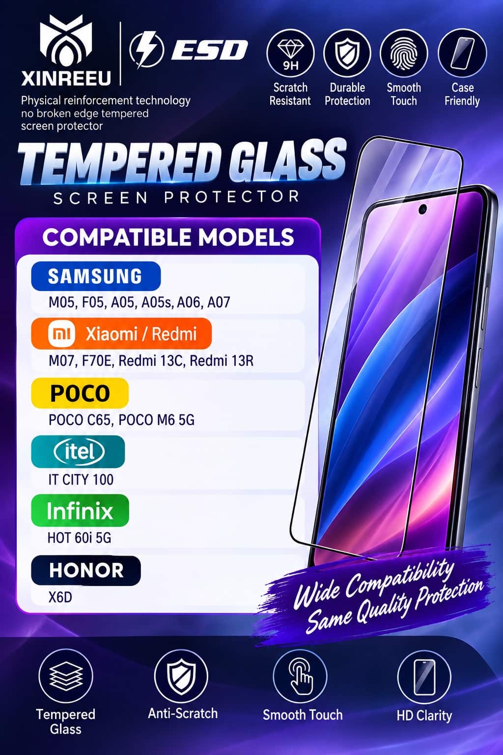Screen Protector For Samsung M05, F05, A05, A05s, A06, A07, M07, F70E, Redmi 13C, Redmi 13R, POCO C65, POCO M6 5G, itel City 100, Infinix Hot 60i 5G, Honor X6D