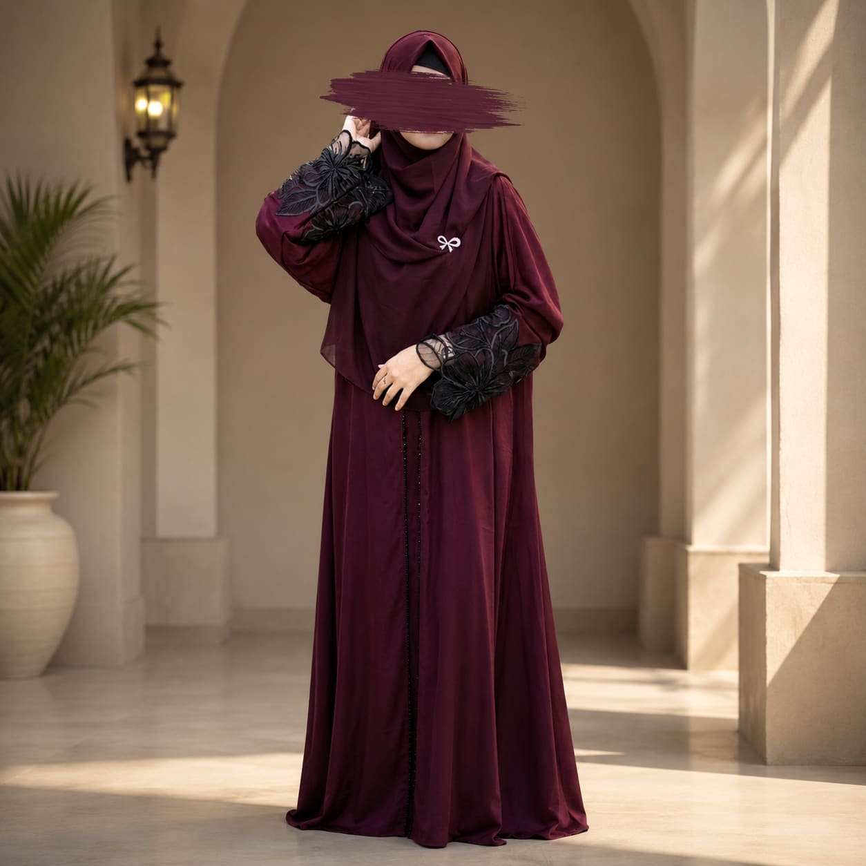 Premium Dubai Cherry Fabric: Elegant Lace Abaya Borka maroon Colo
