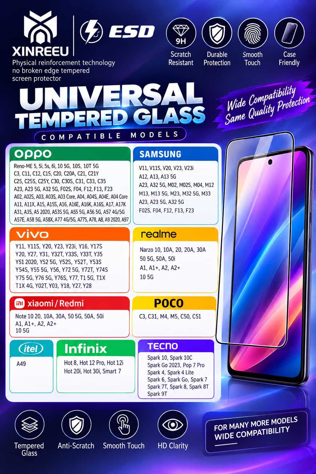 Screen Protector For OPPO Reno 5, 5i, 5S, 6i, Reno 10 5G, 10S, 10T 5G, C3, C11, C12, C15, C20, C20A, C21, C21Y, C25, C25S, C25Y, C30, C30S, C31, C33, C35, Realme Narzo 10, 10A, 20, 20A, 30A, 50 5G, 50A, 50i, Vivo V11, V11S, V20, V23, V23i, Samsung A12, A13, A13 5G, A23, A23 5G, A32 5G, F02S, F04, F12, F13, F23, M02, M02S, M04, M12, M13, M13 5G, M23, M32 5G, M33, A02, A02S, A03, A03S, A03 Core, A04, A04S, A04E, A04 Core, OPPO A11, A11X, A15, A15S, A16, A16E, A16K, A16S, A17, A17K, A31, A35, A5 2020, A53S 5G, A55 5G, A56 5G, A57 4G/5G, A57E, A58 5G, A58X, A77 4G/5G, A77S, A78, A8, A9 2020, A97, Infinix Hot 8, Hot 12 Pro, Hot 12i, Hot 20i, Hot 30i, Smart 7, OnePlus Nord N300, Tecno Spark 10, Spark 10C, Spark Go 2023, Pop 7 Pro, Spark 4, Spark 4 Lite, Spark 6, Spark Go, Spark 7, Spark 7T, Spark 8, Spark 8T, Spark 9T, Vivo Y1, Y01, Y02, Y02S, Y11S, Y11 2023, Y12A, Y12G, Y12S, Y15A, Y15S, Y16, Y17S, Y20, Y27, Y20A, Y20G, Y20i, Y20S, Y20S(G), Y21, Y21A, Y21E, Y21S, Y21T, Y22, Y22S, Y31, Y32T, Y33S, Y33T, Y35, Y51 2020, Y51A, Y52 5G, Y52S, Y52T, Y53S, Y54S, Y55 5G, Y56, Y72 5G, Y72T, Y74S, Y75 5G, Y76 5G, Y76S, Y77, T1 5G, T1X, T1X 4G, T2X 5G, iQOO Z3, Z6, Realme A1, A1+, A2, A2+, 10 5G, Redmi Note 11E, 11 Prime, 11 Prime 5G, POCO C3, C31, M4, M5, C50, C51, Motorola Moto E13, E22, E22i, itel A49, Pop 5 LTE, A18, A38 4G, Vivo Y02T, Y03, Y18, Y18E, Y27, Y28, Y35