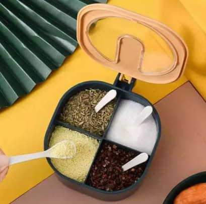 4-Section Spice Storage Box with Lids & Serving Spoons | Kitchen Organizer Containers
