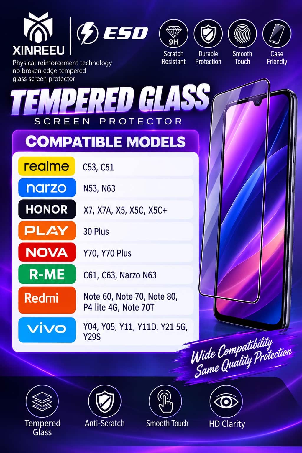 Screen Protector For Realme C53, Realme C51, Narzo N53, Honor X7, Honor X7A, Honor X5C, Honor X5C+, Honor Play 30 Plus, Huawei Nova Y70, Nova Y70 Plus, Realme C61, Realme C63, Realme Narzo N63, Realme Note 60, Realme Note 70, Realme Note 80, P4 Lite 4G, Note 70T, Vivo Y04, Vivo Y05, Vivo Y11, Vivo Y11D, Vivo Y21 5G, Vivo Y29S