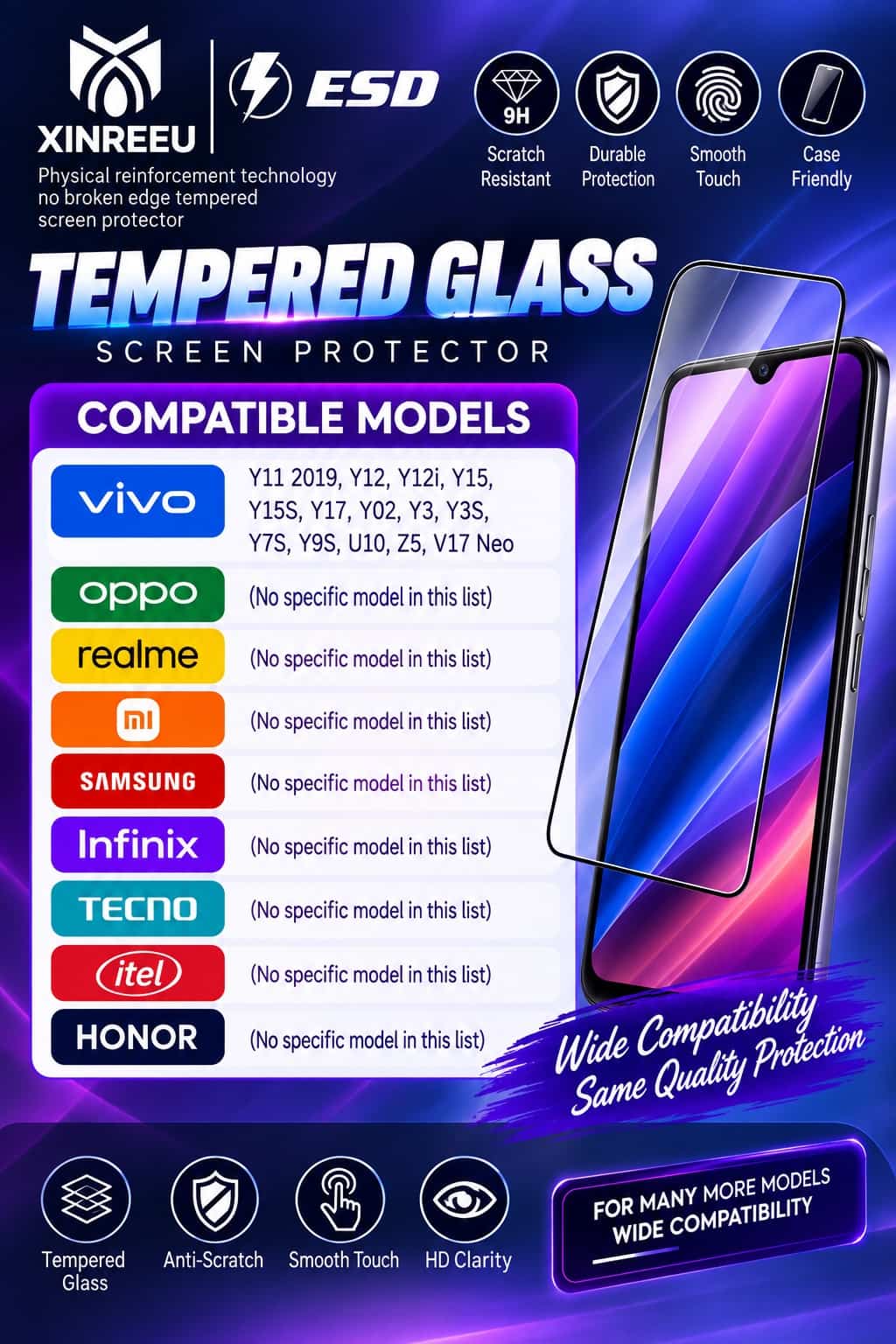 Screen Protector For Vivo Y11 2019, Y12, Y12i, Y15, Y15S, Y17, Y02, Y3, Y3S, Y7S, Y9S, U10, Z5, V17 Neo