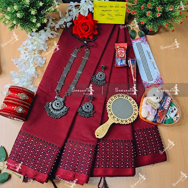 Tangail Saree Combo Set for Women - Sari Churi Necklace Earrings Mirror Kitkat Mehedi Tip Golap Love Chocolate Box etc | D Shop