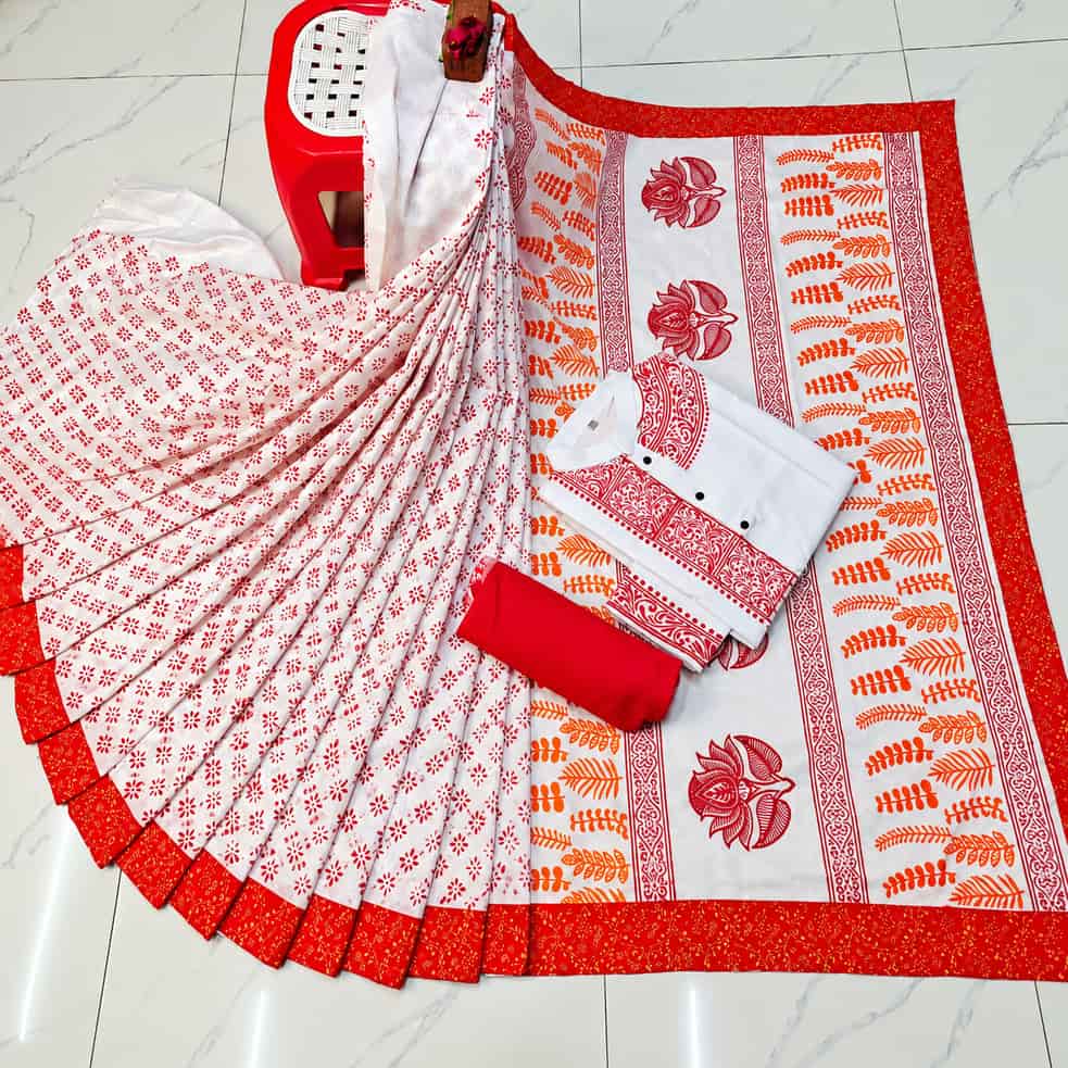 Special Puja Collection: Traditional Red and White Block-Print Couple Set