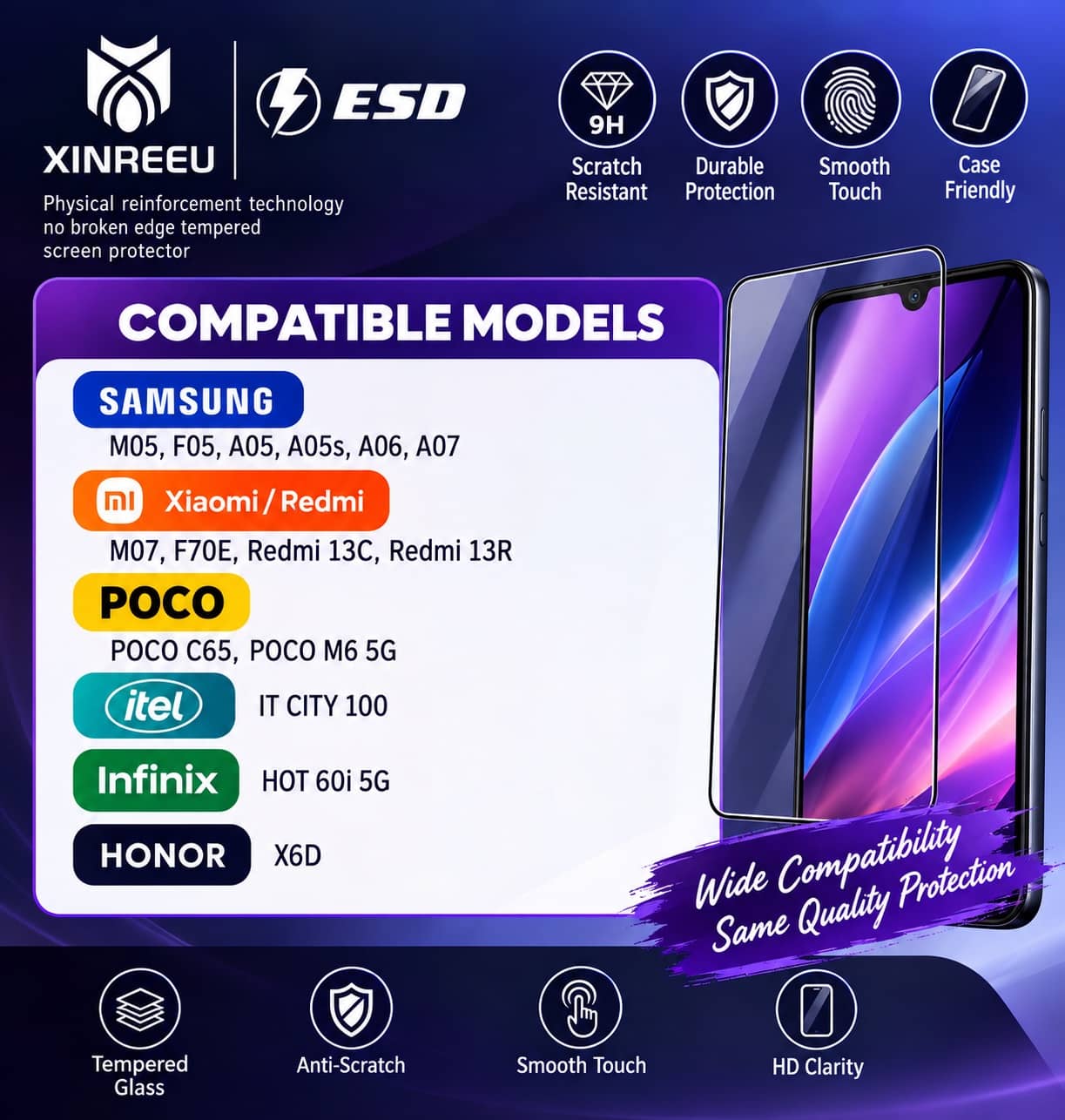 Screen Protector For Samsung M05, F05, A05, A05s, A06, A07, M07, F70E, Redmi 13C, Redmi 13R, POCO C65, POCO M6 5G, itel City 100, Infinix Hot 60i 5G, Honor X6D | D Shop