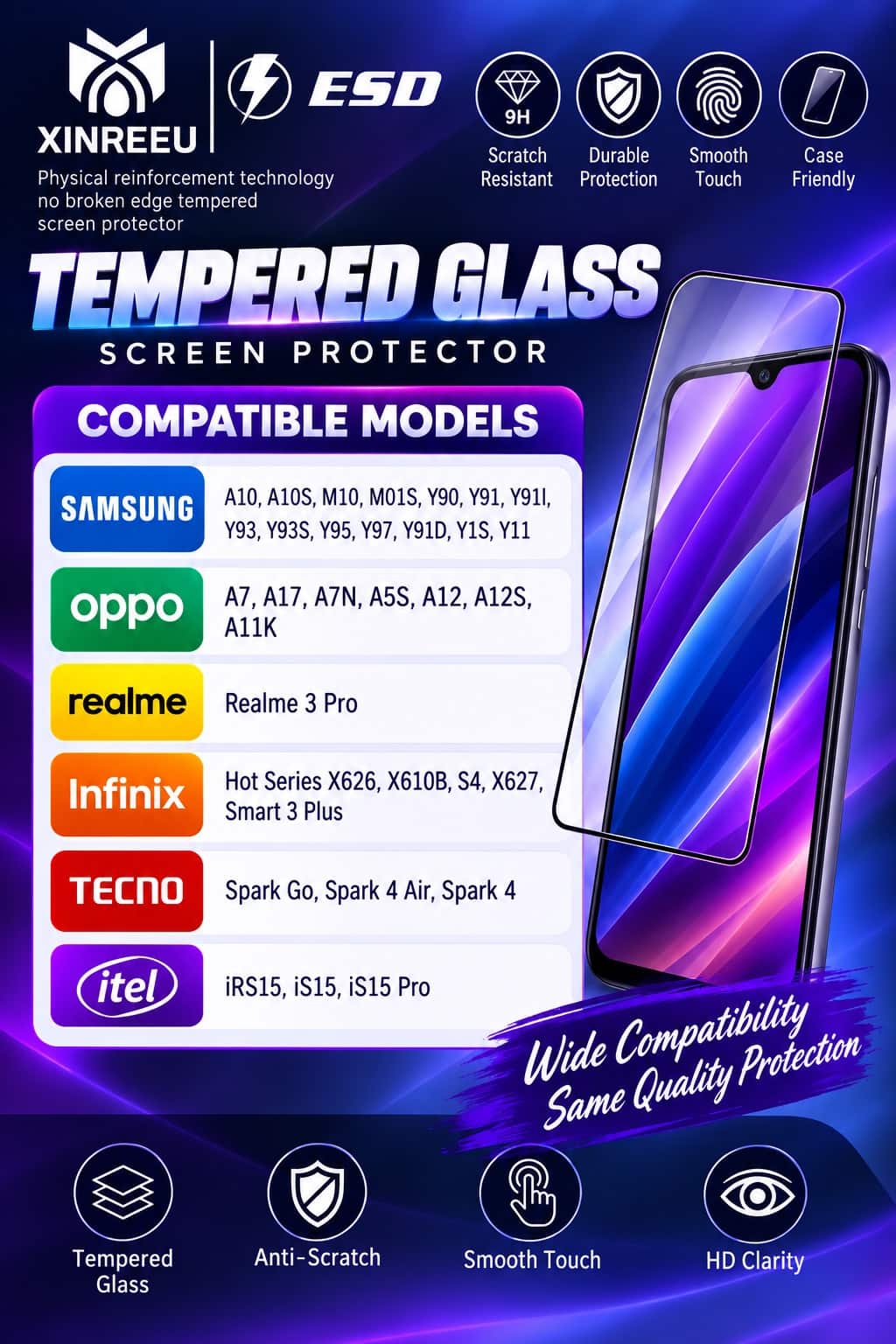 Screen Protector For Samsung A10, A10S, M10, M01S, Y90, Y91, Y91i, Y93, Y93S, Y95, Y97, Y91D, Y1S, V11, OPPO A7, A7N, A5S, A12, A12S, A11K, Realme 3 Pro, Infinix X626, X610B, S4, X627, Smart 3 Plus, Tecno Spark Go, Spark 4, Spark 4 Air, itel S15, S15 Pro