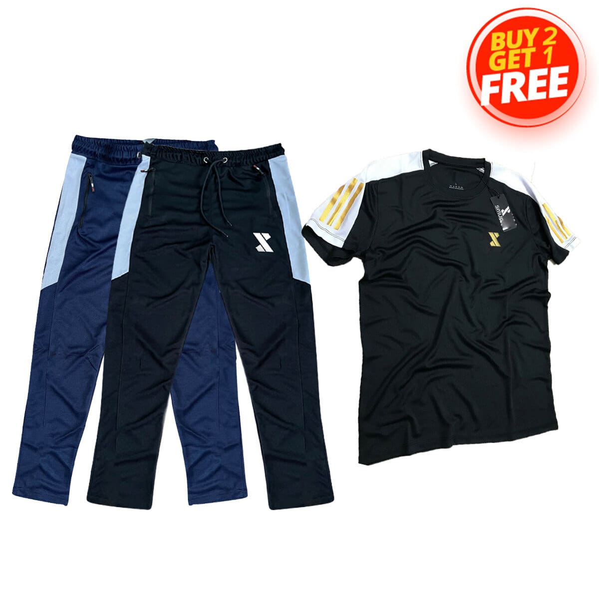 Buy Two Trousers (black, Navy) Get one T-shirt Free - Fabric Soft and comfortable