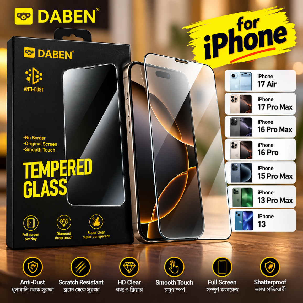 DABEN Tempered Glass for iPhone – Anti-Dust & Full Screen