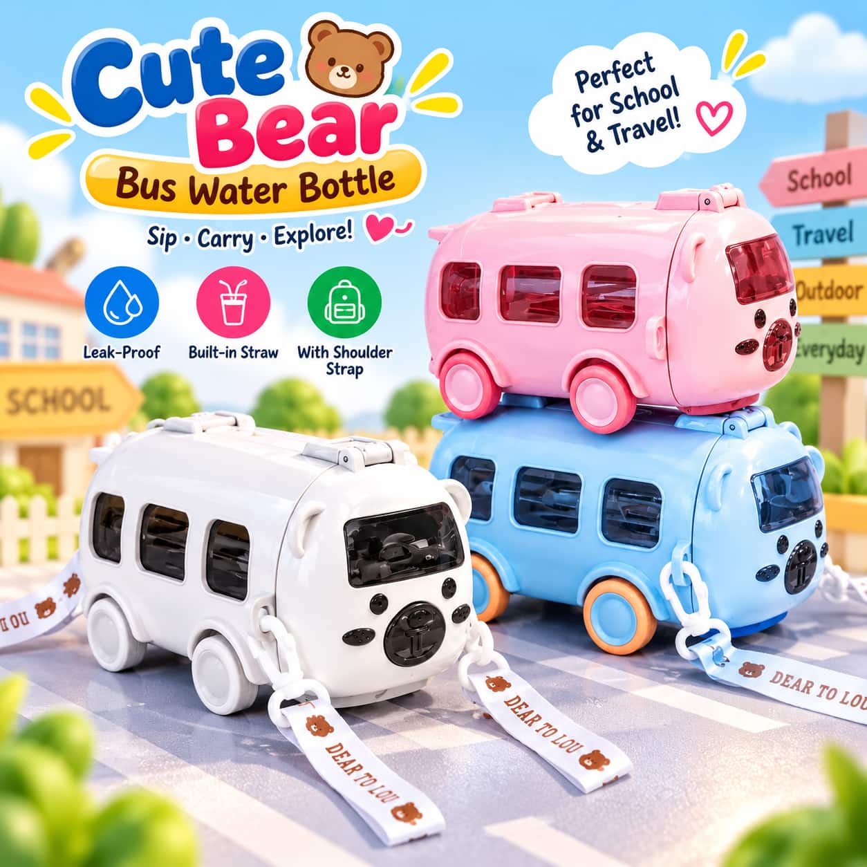 Cute Bear Bus Shape Water Bottle for Kids – 500ml Leak-Proof Plastic Drinking Cup with Straw & Shoulder Strap for School & Travel | D Shop